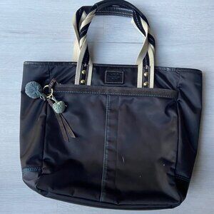 Coach Hampton Satin Suede Leather Trim Tote w/‎ Turquoise Suede Pom Poms